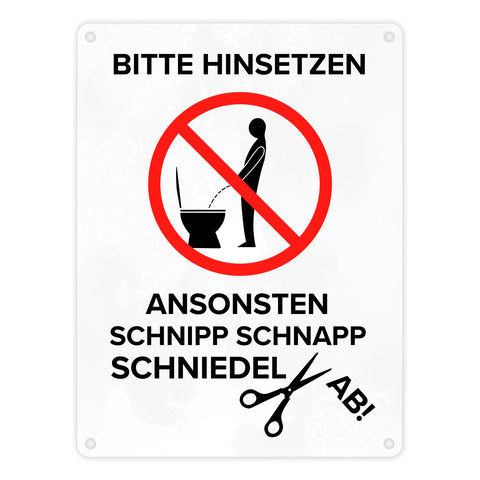 Bitte hinsetzen, ansonsten… Toilette Metallschild mit Icon