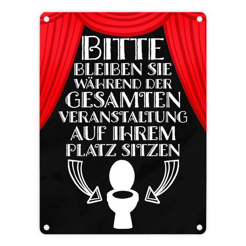 Bitte sitzen bleiben Toiletten Metallschild mit rotem Vorhang