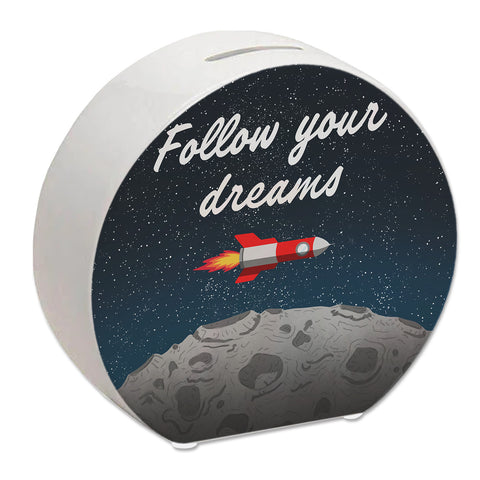 Rakete im Weltall follow your dreams Mond Spardose