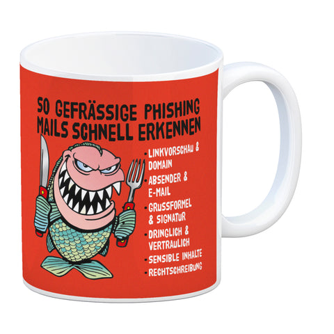 Kaffeebecher zum Thema Phishing Mails erkennen mit Fisch Motiv