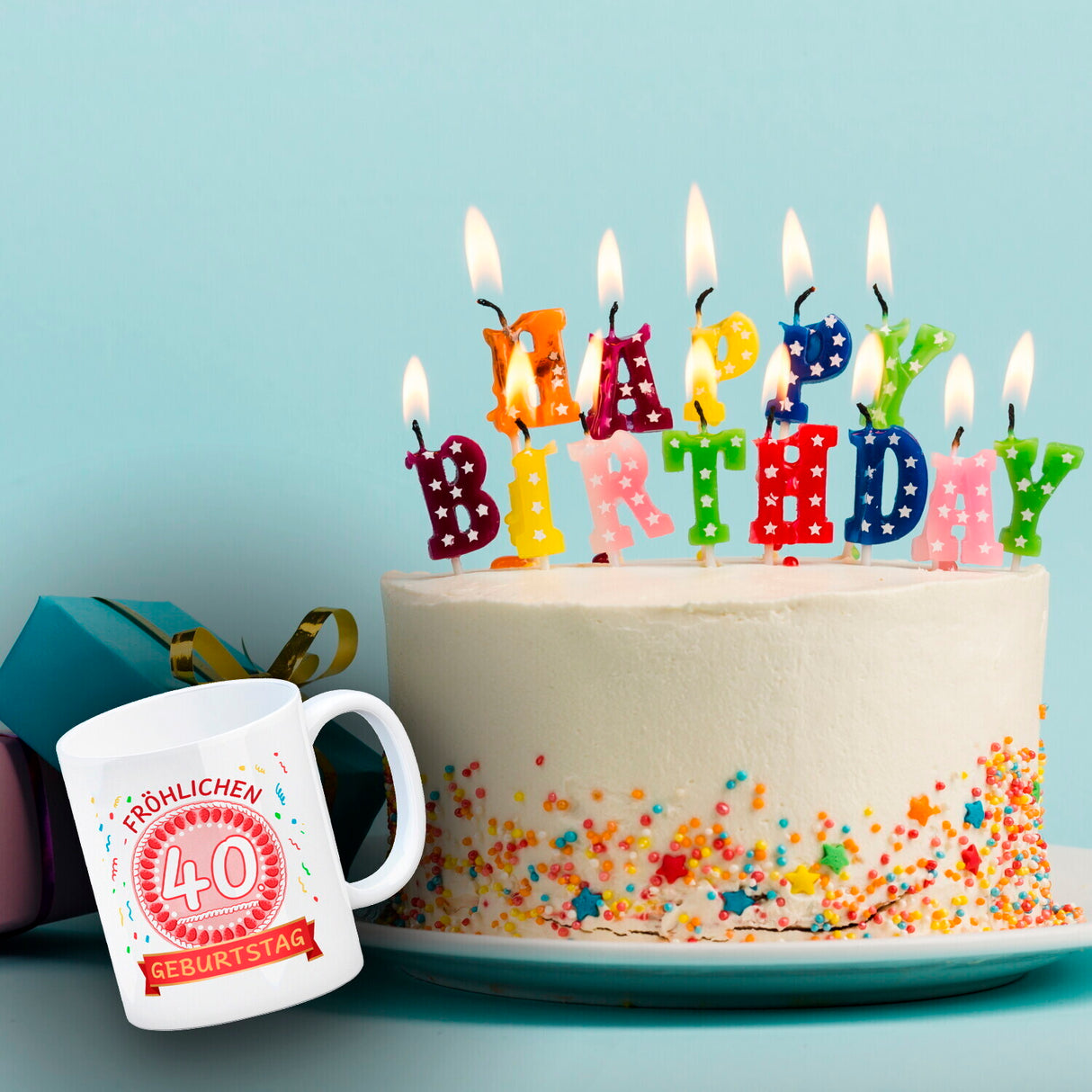 Witziger Kaffeebecher für den 40. Geburtstag mit Motiv: Torte