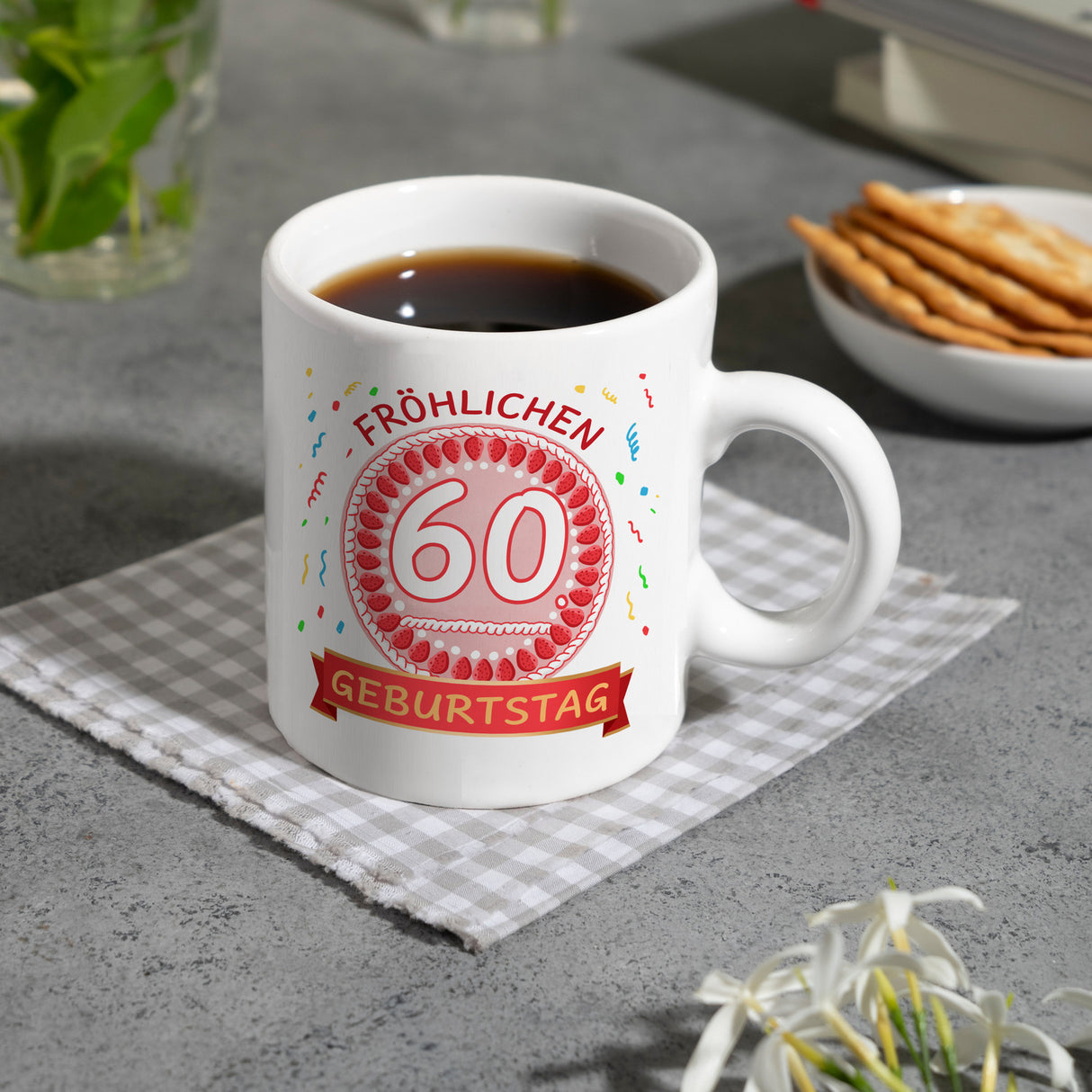 Witziger Kaffeebecher für den 60. Geburtstag mit Motiv: Torte