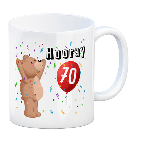 Witziger Kaffeebecher für den 70. Geburtstag mit Motiv: Hooray