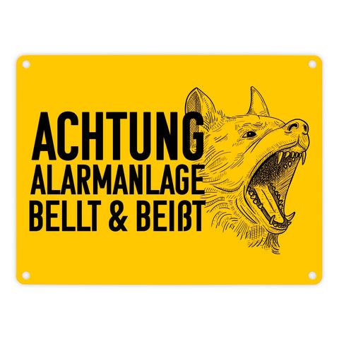 Achtung Alarmanlage bellt und beißt Metallschild mit Hunde Motiv