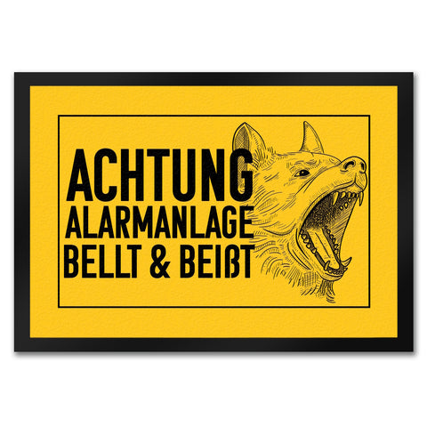 Achtung Alarmanlage bellt und beißt Fußmatte mit Hunde Motiv