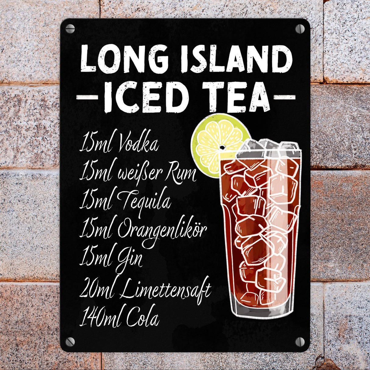 Metallschild mit Cocktailrezept für Long Island Iced Tea