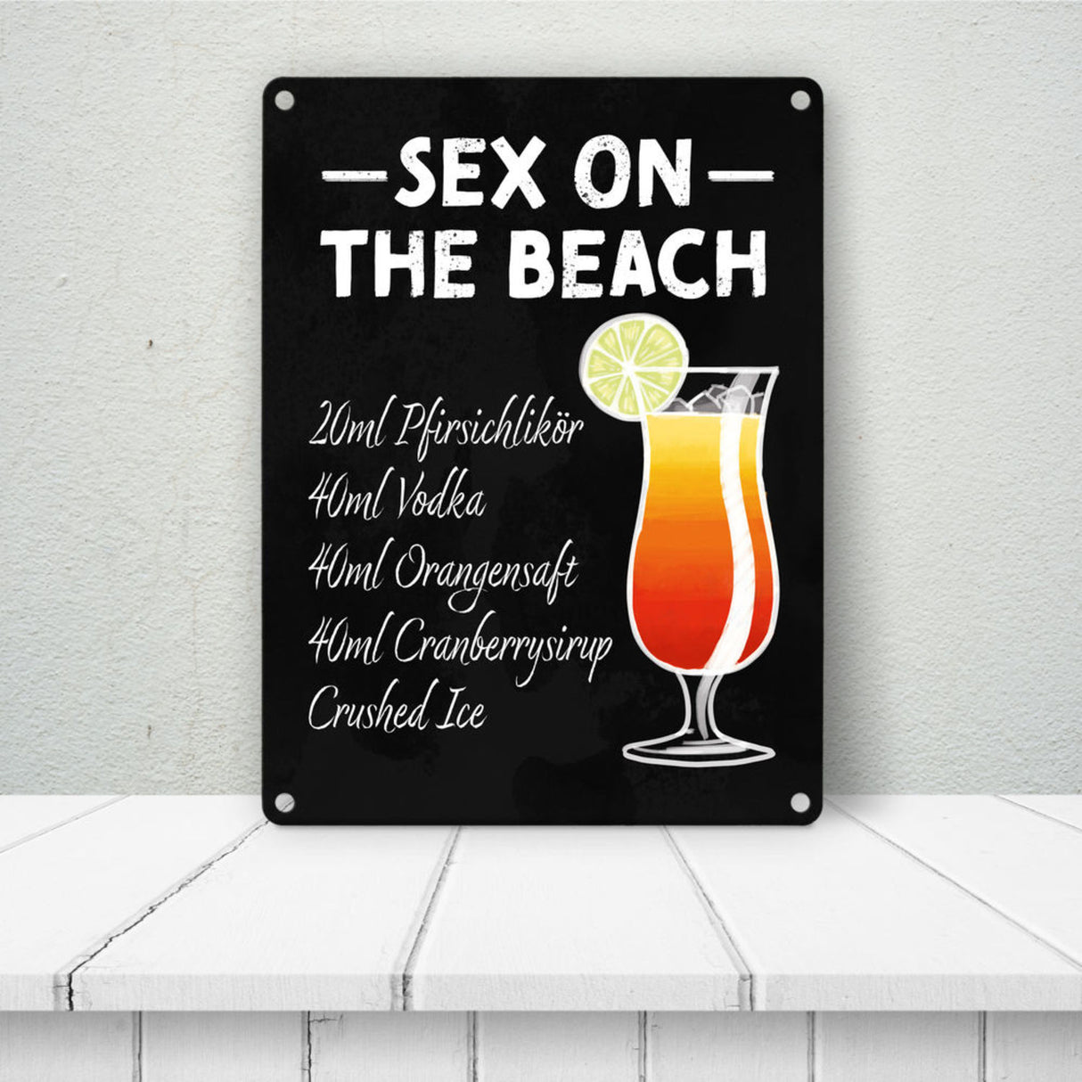 Metallschild mit Cocktailrezept für Sex on the Beach