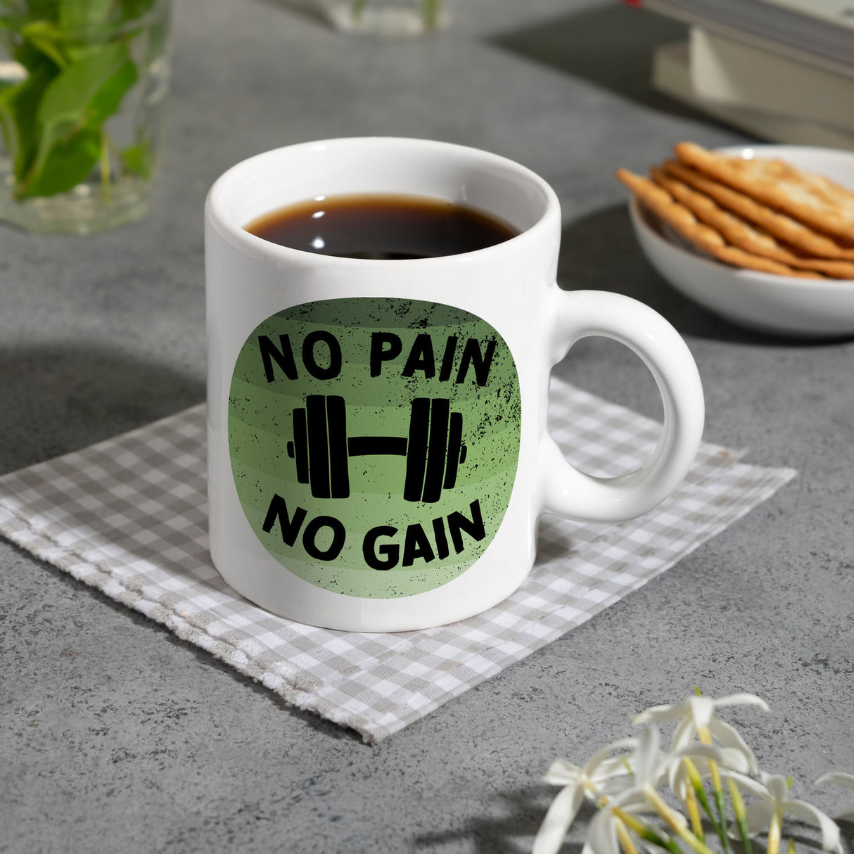 No pain no gain Fitness Kaffeebecher mit Hantel