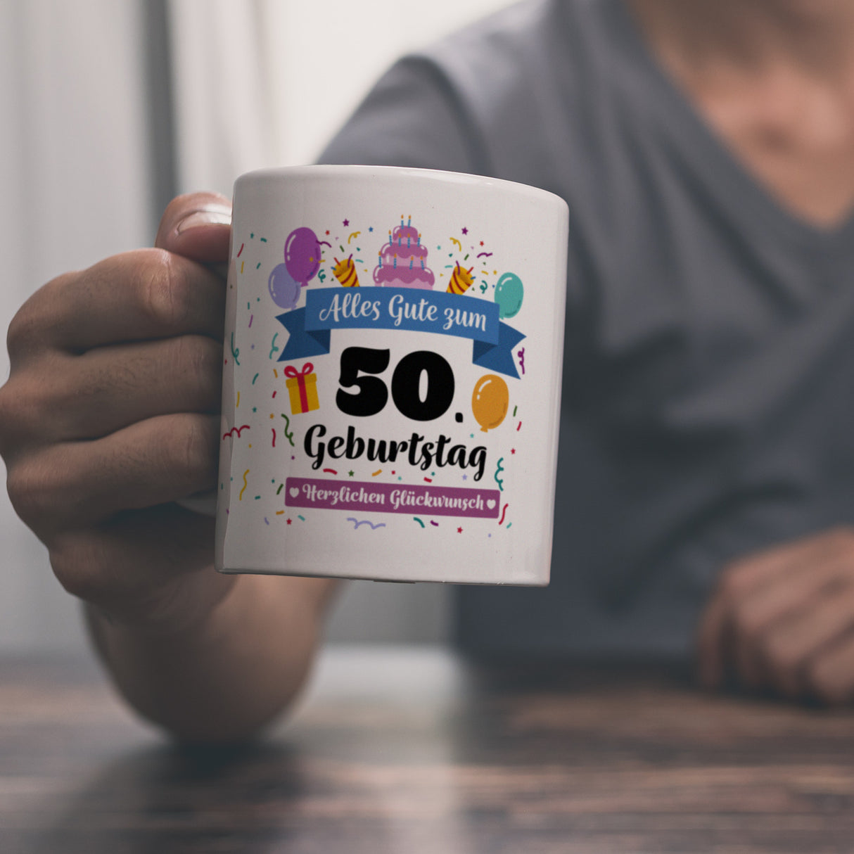 50. Geburtstag Kaffeebecher mit lustigem Spruch: Alles Gute