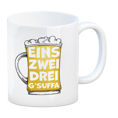 Eins zwei drei G'suffa witziger Kaffeebecher für Biertrinker