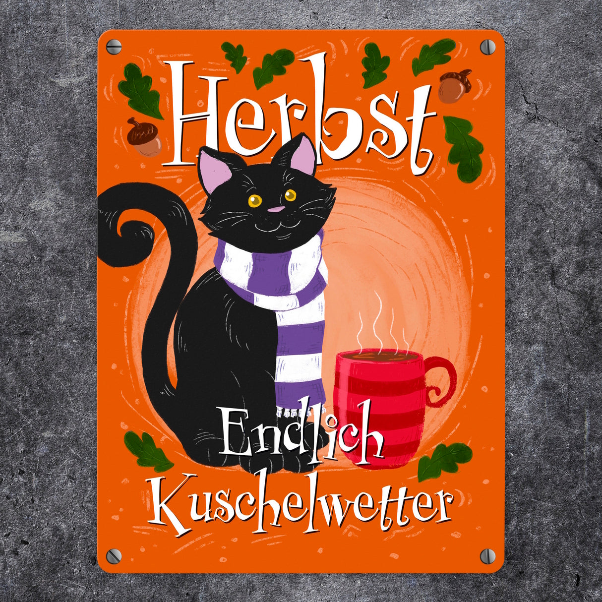 Herbst - Endlich Kuschelwetter Metallschild mit schwarzer Katze