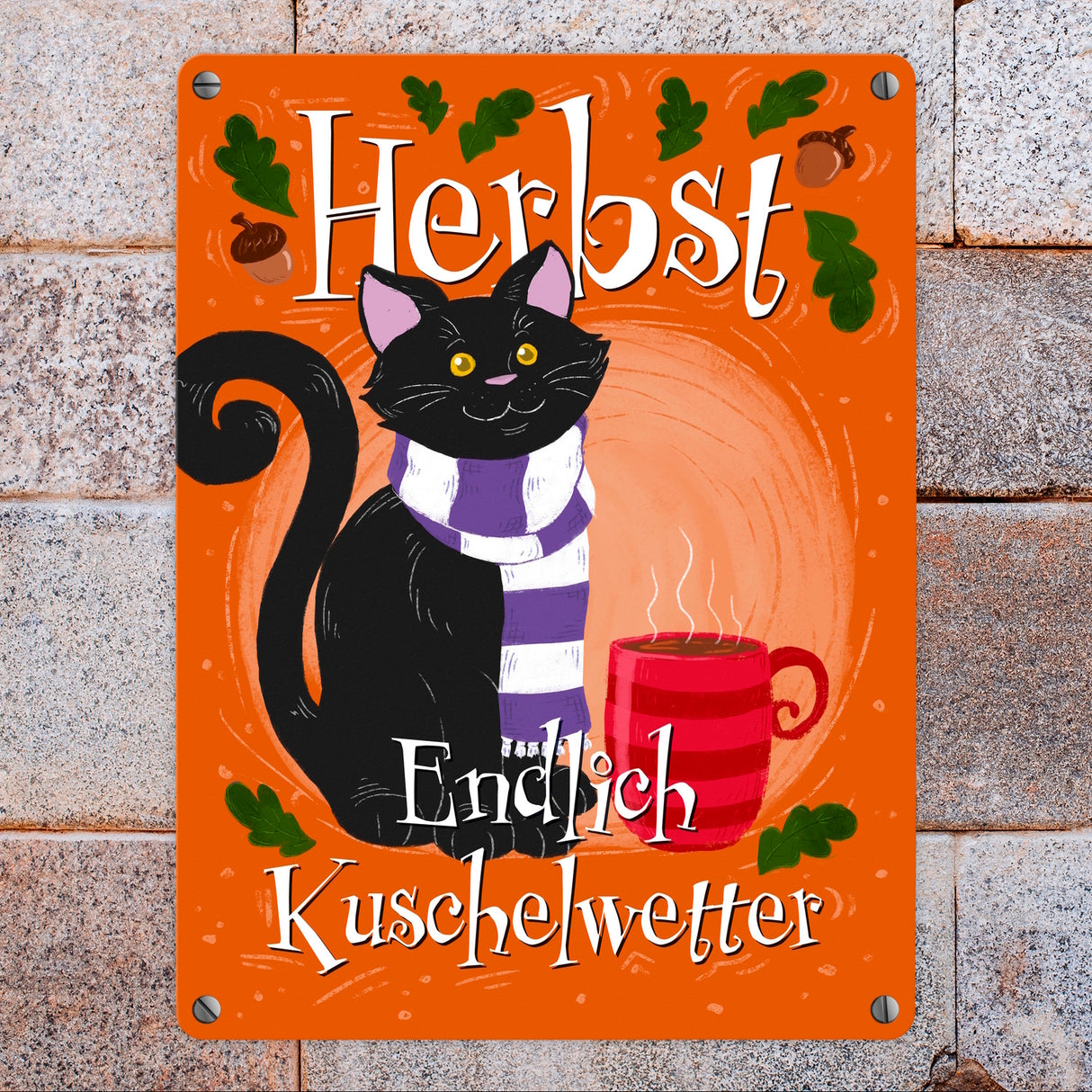 Herbst - Endlich Kuschelwetter Metallschild mit schwarzer Katze