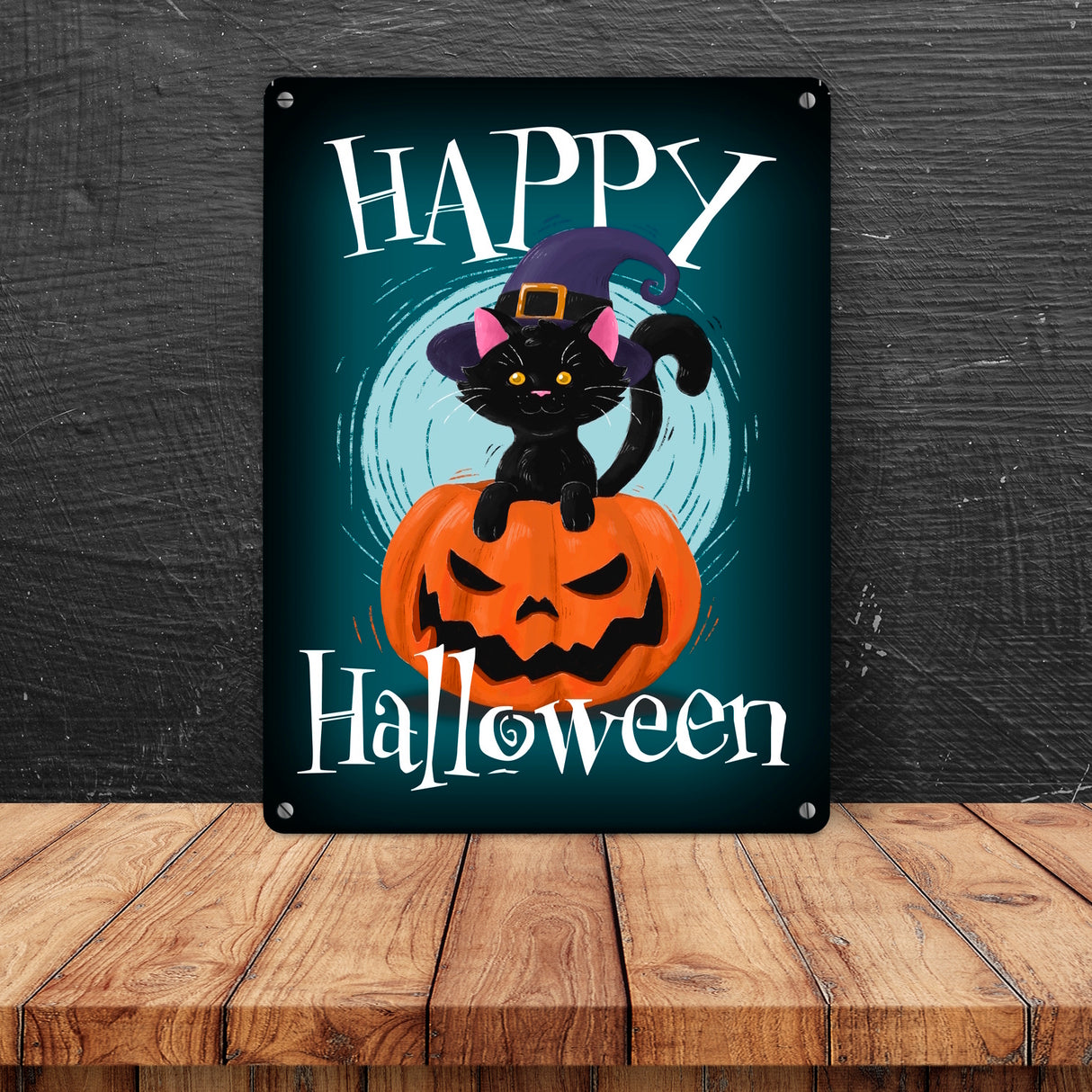 Happy Halloween Metallschild mit niedlicher schwarzer Katze