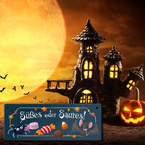 Süßes oder Saures Halloween Metallschild mit Spinne und Fledermaus