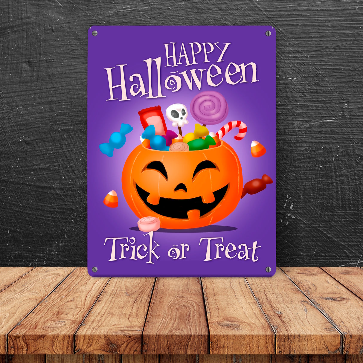 Happy Halloween Trick or Treat Metallschild in lila mit süßem Kürbis