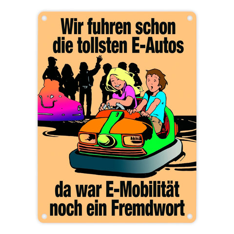 Boxauto als E-Auto Metallschild mit Spruch zu E-Mobilität in orange