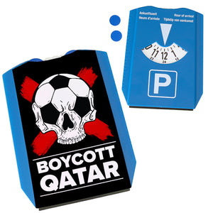 Boycott Qatar Parkscheibe mit Fußball-Totenkopf und 2 Einkaufswagenchips