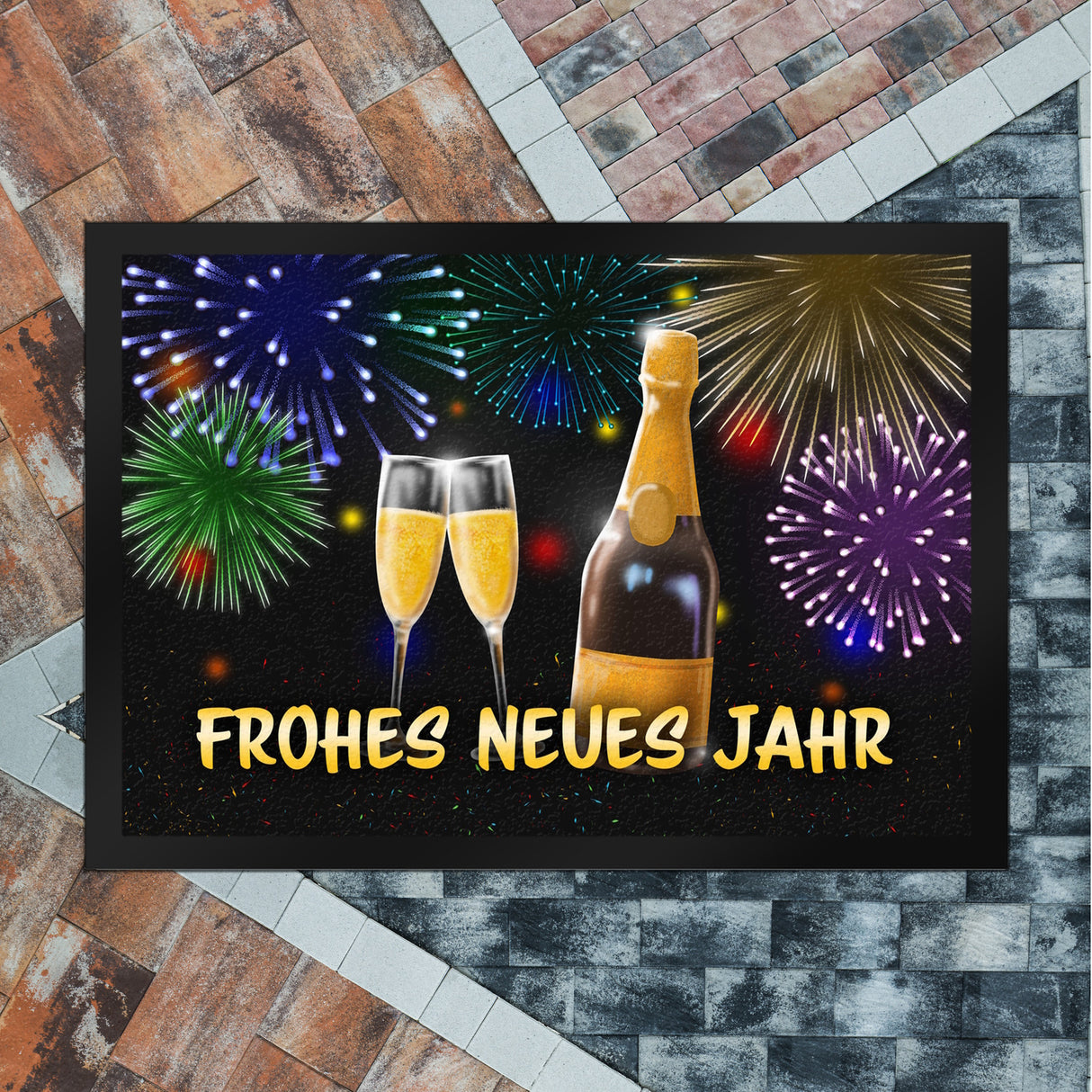Frohes neues Jahr Fußmatte mit Sekt und Feuerwerk