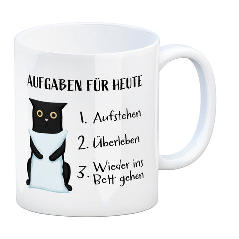 Aufgaben für heute Kaffeebecher mit müder Katze