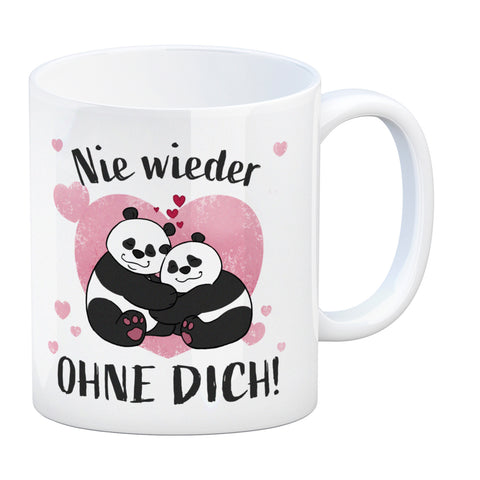 Panda Pärchen Kaffeebecher mit Spruch Nie wieder ohne dich