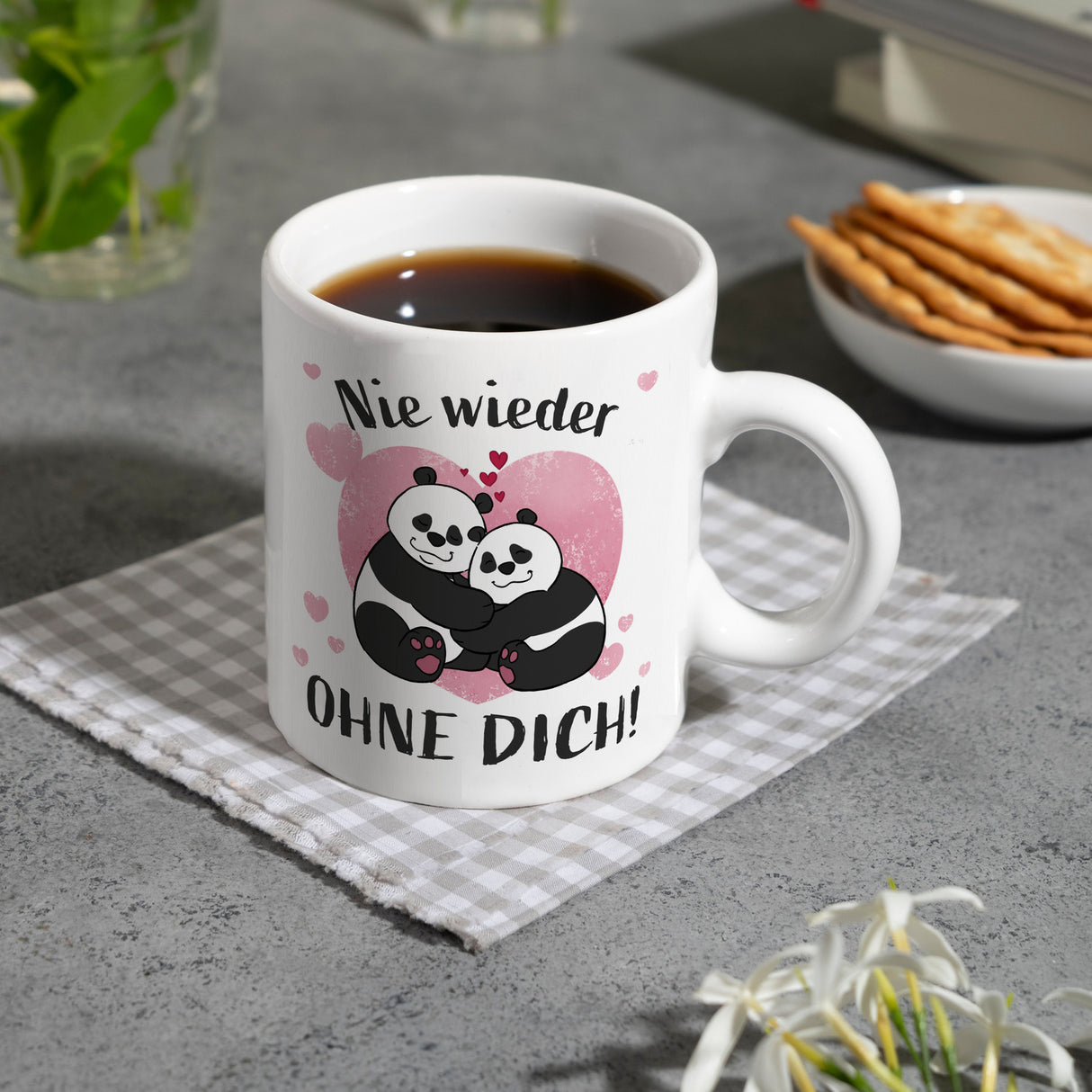 Panda Pärchen Kaffeebecher mit Spruch Nie wieder ohne dich