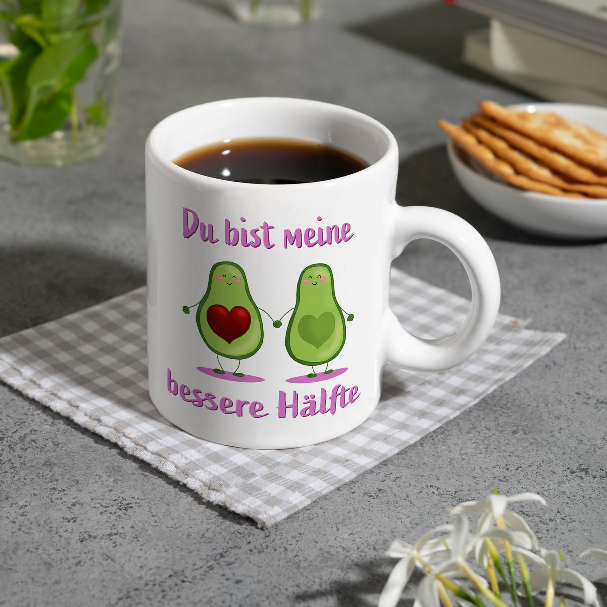 Avocado Pärchen Kaffeebecher mit Spruch Du bist meine bessere Hälfte
