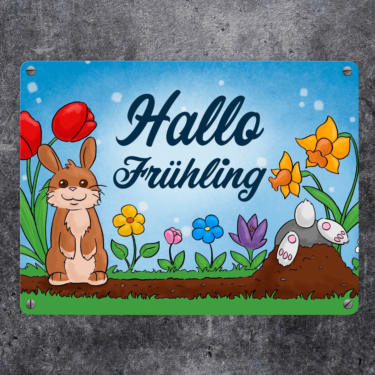 Hallo Frühling Metallschild mit süßen Hasen für Ostern
