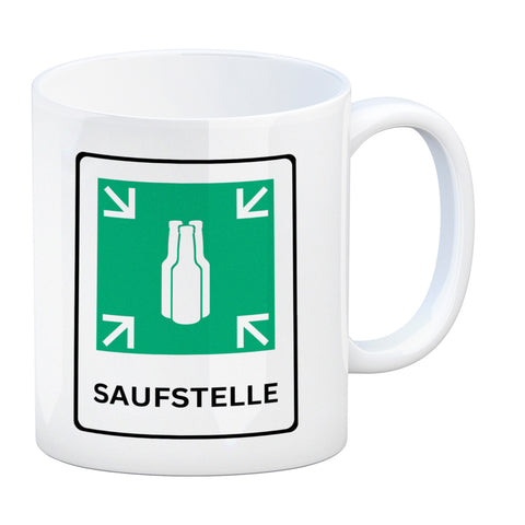 Saufstelle Kaffeebecher mit Bier Motiv und Spruch