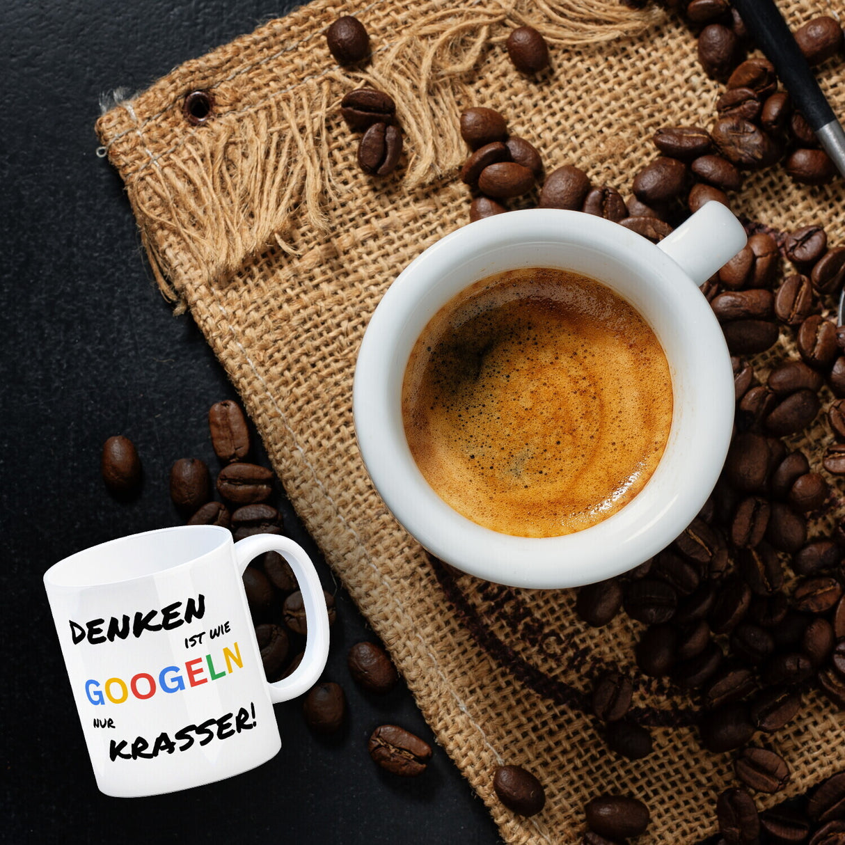 Suchmaschine Kaffeebecher mit Spruch Denken ist wie googeln nur krasser