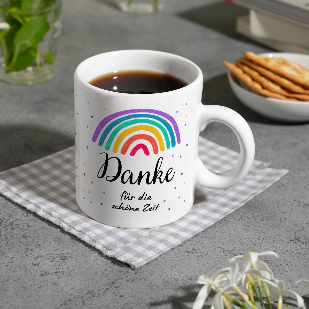 Regenbogen Kaffeebecher mit Spruch Danke für die schöne Zeit