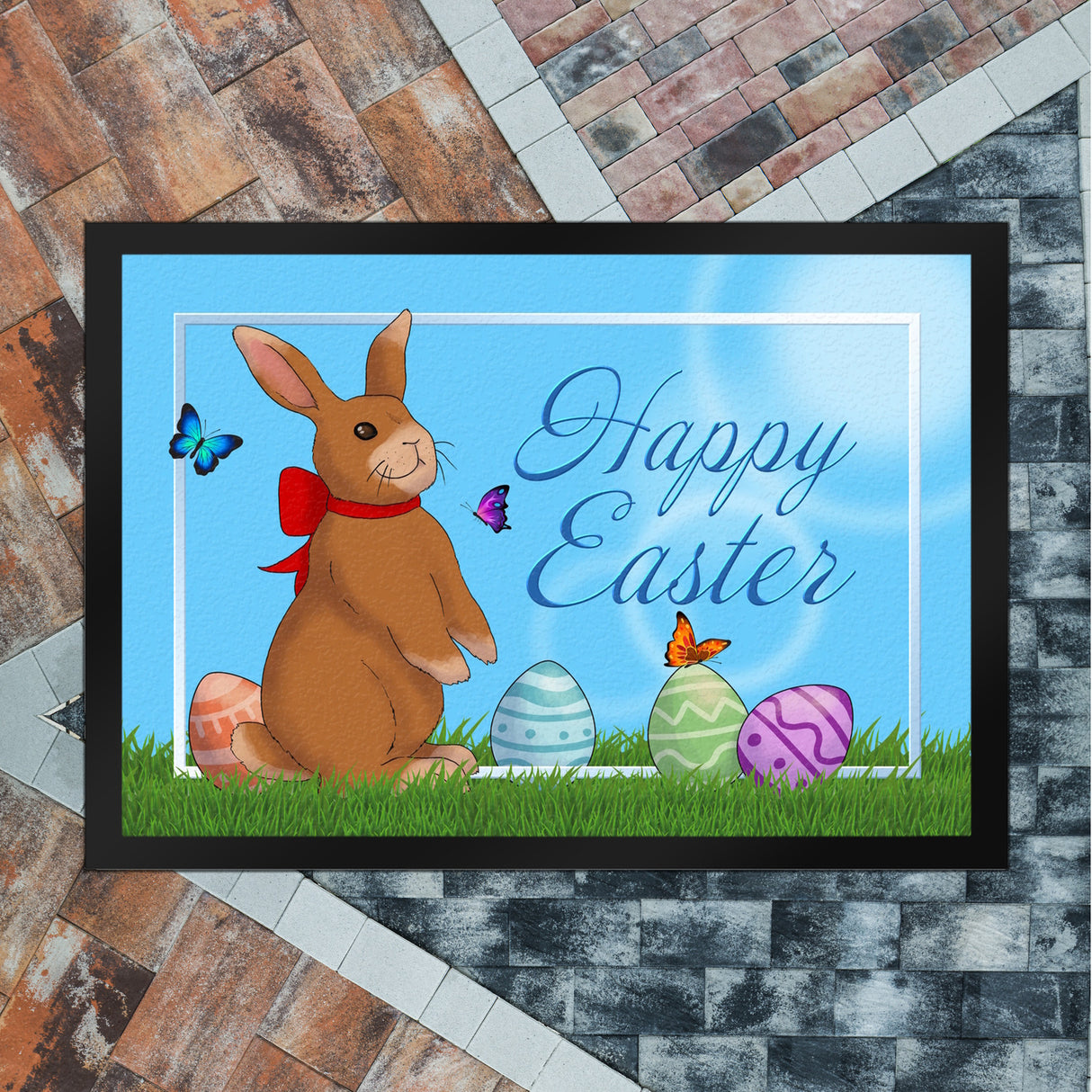 Happy Easter Fußmatte mit Osterhasen und bunten Ostereiern