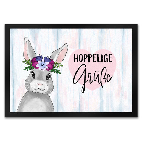 Hoppelige Grüße Fußmatte mit süßem Osterhase und Blumen