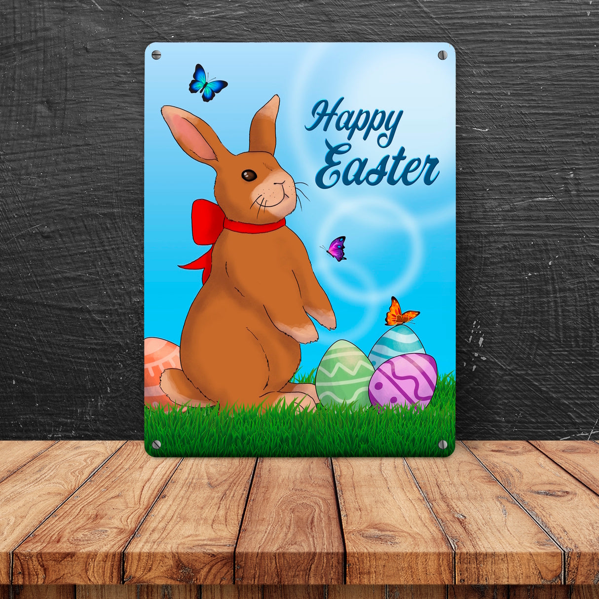 Happy Easter Metallschild mit Osterhase und Ostereiern