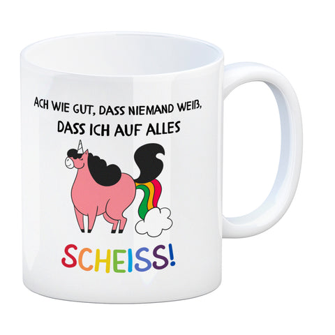 Einhorn Kaffeebecher mit Spruch Ach wie gut, dass niemand weiß