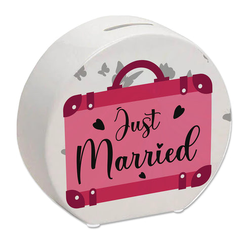 Just married Hochzeit Spardose mit pinkem Koffer