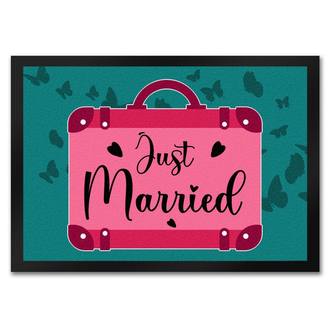 Just married Hochzeit Fußmatte in 35x50 cm mit pinkem Koffer