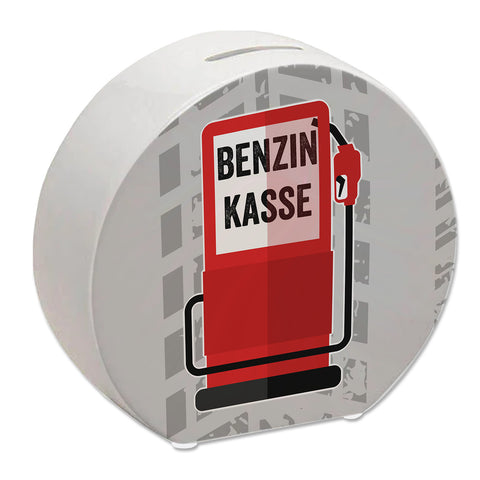 Benzinkasse Zapfsäule Spardose mit grauem Hintergrund