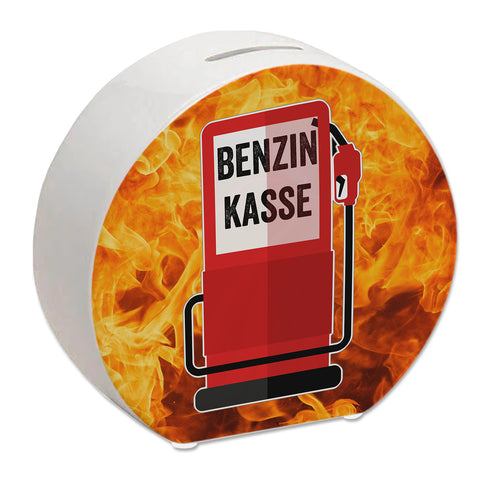 Benzinkasse Zapfsäule Spardose mit Flammen Hintergrund