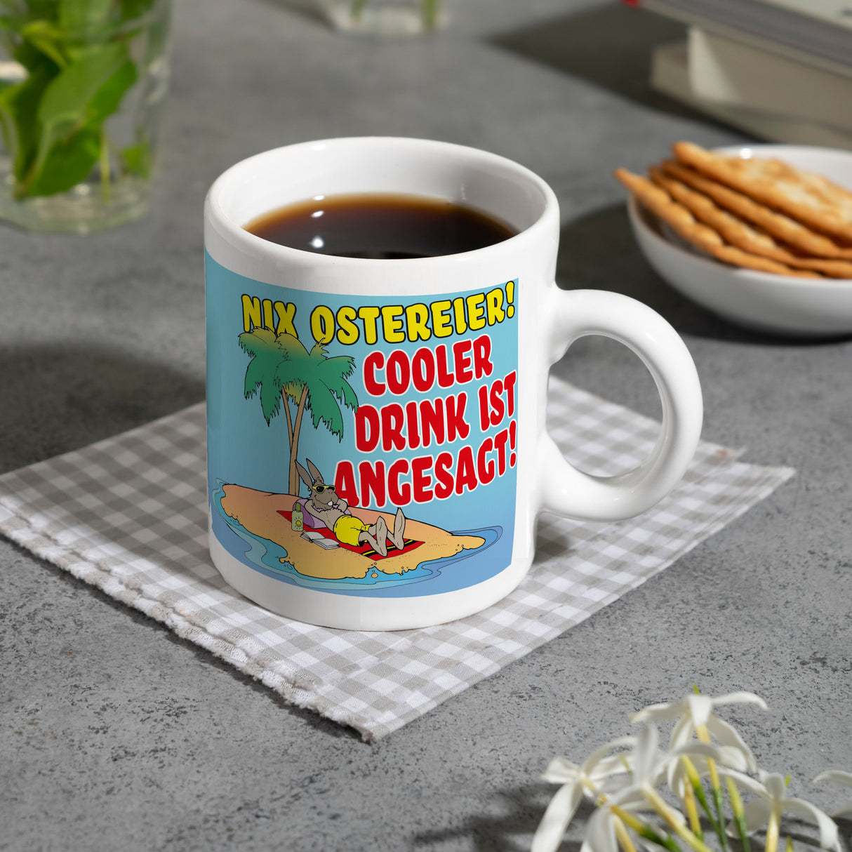 Osterhase im Urlaub Kaffeebecher mit Spruch