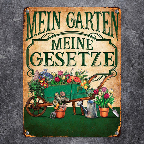 Mein Garten Meine Gesetze Metallschild in 15x20 cm mit Blumenwagen