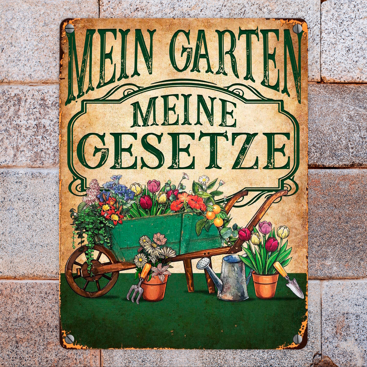 Mein Garten Meine Gesetze Metallschild in 15x20 cm mit Blumenwagen