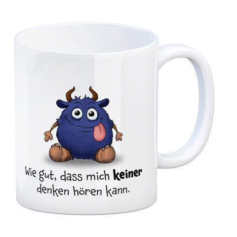 Freches Monster in dunkelblau Kaffeebecher mit lustigem Spruch