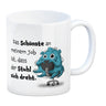 Freches Monster in hellblau Kaffeebecher mit lustigem Spruch