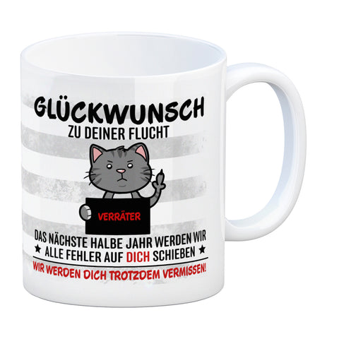 Glückwunsch zur Flucht, Verräter Mittelfinger Kaffeebecher mit Katze