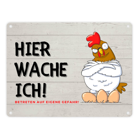 Huhn mit Eiern Metallschild in 15x20 cm mit Spruch Hier wache ich! Betreten auf eigene Gefahr