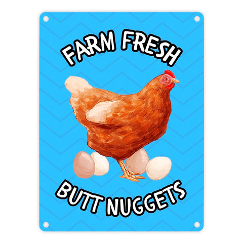 Huhn Metallschild in 15x20 cm mit Spruch Farm fresh Butt Nuggets
