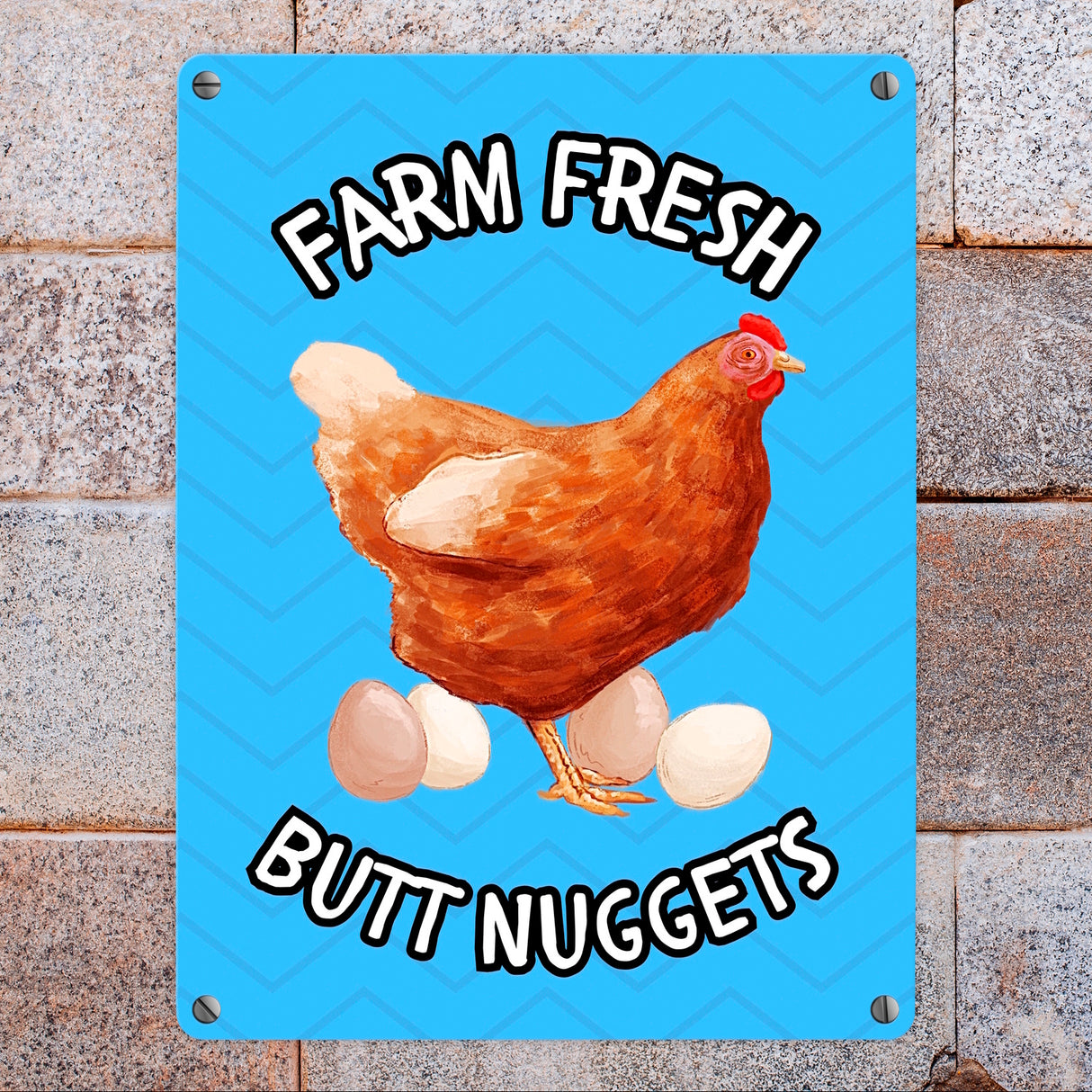 Huhn Metallschild in 15x20 cm mit Spruch Farm fresh Butt Nuggets