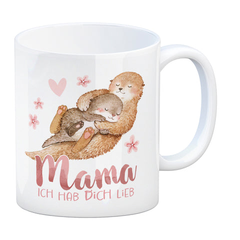 Otter Baby und Mutter Kaffeebecher mit Spruch Mama ich hab dich lieb