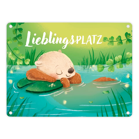 Schlafender Otter Metallschild in 15x20 cm mit Spruch Lieblingsplatz