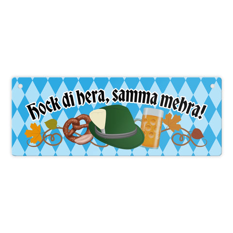 Hock di hera, samma mehra Metallschild mit Bier und Brezel